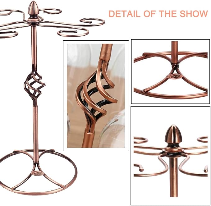 QPIX DIGITAL Wine Glass Rack, Bronze, Elegant Countertop Stemware Storage with 6 Hooks, Easy Assembly, Durable, 11"W x 11"L x 6"H