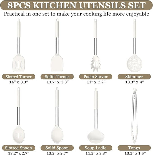 TeamFar Kitchen Utensils, 8PCS Cooking Silicone Utensils Kitchen Tool Kit with Stainless Steel Handle, for Nonstick Cookware Cooking Stirring Turning, Food Grade & Heat Resistant, Dishwasher Safe