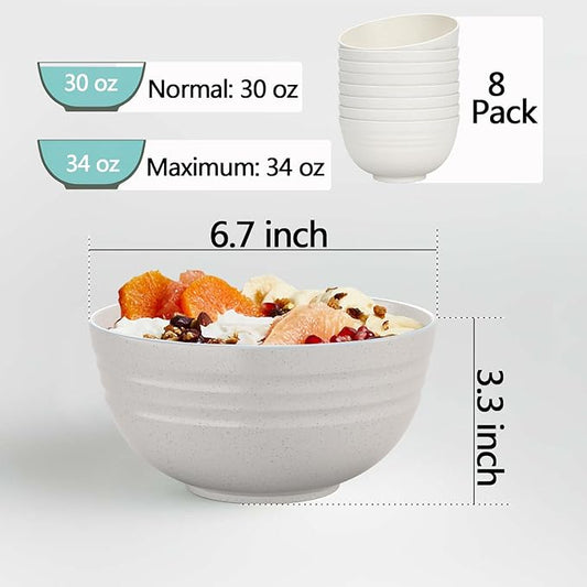 (Non Ceramic) 34 Ounce Cereal Bowls,Unbreakable Wheat Straw Fiber Bowl Set of 8, Microwave & Dishwasher Safe, Lightweight and Eco-Friendly Kitchen Bowls for Cereal, Salad, Soup, Snacks - BPA Free