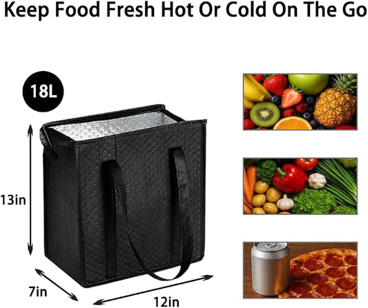 2-Pack 18L Black Insulated Grocery Bags with Zipper | Reusable 3-Layer Insulated Cooler Bags, Foldable for Shopping, Camping & Beach Trips