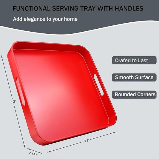 Square Red Decorative Serving Tray with Handles, Versatile Ottoman Tray for Coffee Table, Entertaining, Outdoor Patio, Living Room, 13”*13”*1.6”