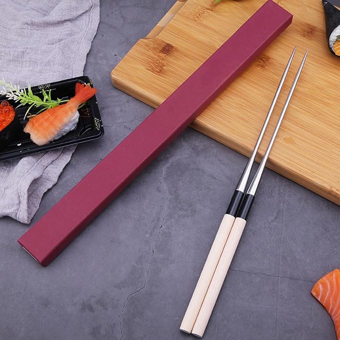 Angoily 2pcs Sashimi Long Chopsticks Stainless Steel Wooden Noodles Chopstick Japanese Cooking Frying Moribashi Sushi Korean Handle Travel Non-slip