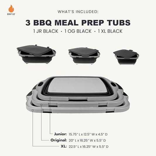 Drip EZ Collapsible BBQ Prep Tubs 3-Piece Set- For Meal Prep Marinating Food Storage - Includes Cutting Board & Lid - (1) JR + (1) OG + (1) XL - Black