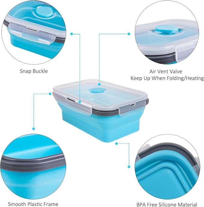 Collapsible Food Storage Containers with Airtight Lid & Vent Valve, 27 oz, Annaklin Kitchen Stacking Silicone Collapsible Meal Prep Container Set for Leftover, Microwave Freezer Safe, Blue, Set of 4
