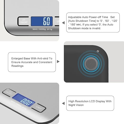 Digital Shipping Scale,Stainless Steel Panel, Accurate Portable Postal Scale for Packages, Small Business,Kitchen, Food, Handmade, Liquids, and Boutique (Silver Black Rechargeable(10kg/1g))