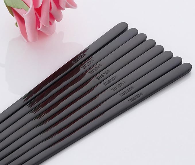 Buyer Star 5 Pairs Black Flat Reusable Metal Chopsticks - Stainless Steel Chinese Set With Case