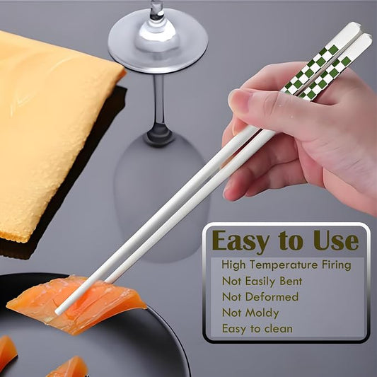 Ceramic Chopsticks Reusable 5 Pairs,Porcelain Chop Sticks,Green,9.7'' | Easy to Clean,Dishwasher Safe,Heat Resistant,with a Gift case,Cooking Chopsticks,High-grade Bone China Porcelain
