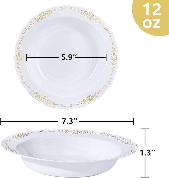 DaYammi 100 Pack Plastic Bowls with Gold Rim, 12oz Disposable Soup Bowls, Plastic bowls Disposable Heavy Duty Dinner bowls for Weddings, Parties, Catering and Everyday Use