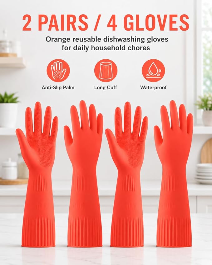 Disfore Rubber-Gloves Dishwashing Gloves for Cleaning-Kitchen - 2 Pairs Long Household Cleaning Gloves for Washing Dishes