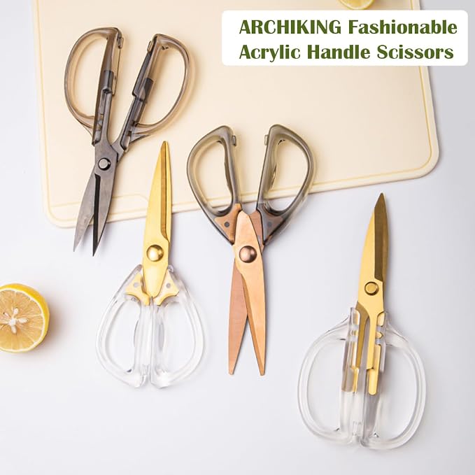 Kitchen Shears Scissors, ARCHIKING 7.7inch Gold Titanium Plated Scissor-Meat and Poultry Shears, Dishwasher Safe, Acrylic Handel All Purpose Stainless Steel Utility Scissor - Diamond Clear