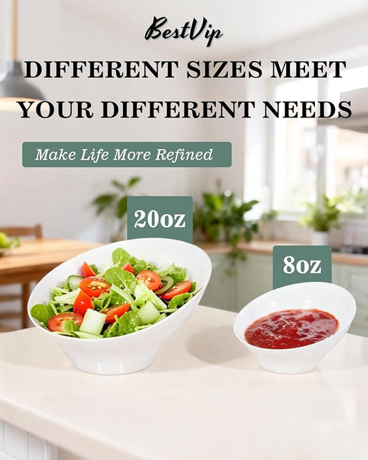 BESTVIP 12 Pack 20oz Angled Disposable Serving Bowls - White Plastic Serving Bowls for Party, Party Bowls for Chips, Snacks, Fruit, Salad - Bowls for Parties, Daily Use,Halloween, Christmas