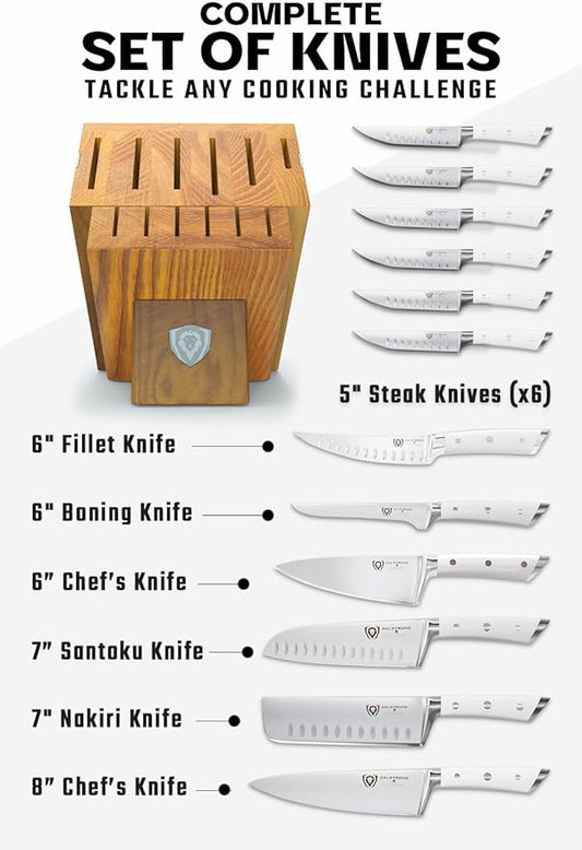 Dalstrong 12-Piece Knife Block Set - Gladiator Series Elite - White Handles - German HC Steel - Hand-Made Manchurian Ash Wood Block - NSF Certified