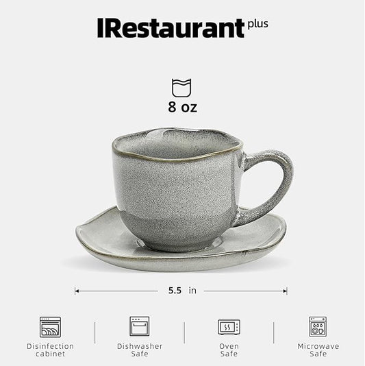 Organic Shape Restaurant 8oz Coffee Cup and Saucer, Commerical Grade Catering Stoneware Cups and Saucers in Ir-regular Organic Shape, Chip & Scratch Resistant, Glossy Reactive Glaze Grey, Case of 24