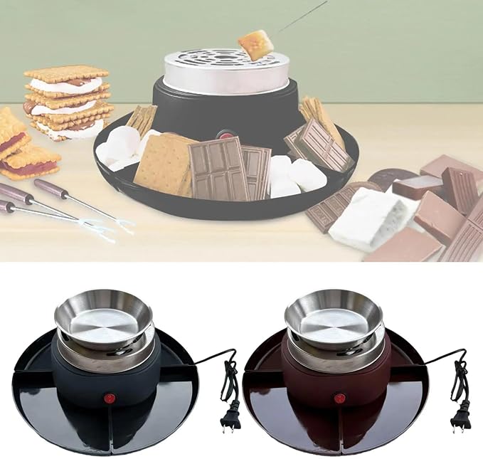 2 in 1 Smores Maker Tabletop Indoor Fondue Set, Smores Maker Tabletop Indoor Kit with Removable Trays & 4 Skewers Unique Couple Gift Set Idea, Parties, Date & Movie Night Supplies,Coffee Color