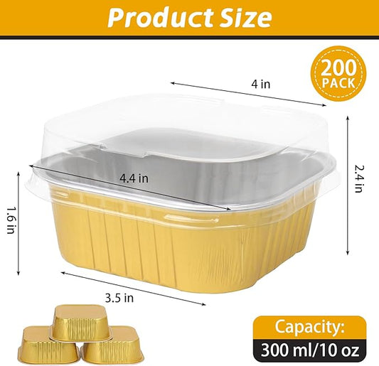 200 Pack 10 oz Gold Mini Aluminum Cake Pans with Lids and Spoons, Disposable Square Baking Cups, Oven Safe Foil Ramekins for Individual Desserts, Cupcakes, Cheesecakes Ramekins Muffin