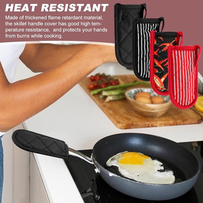 4Pcs Cast Iron Skillet Handle Covers Heat Resistant Pot Handle Covers | Non Slip Cotton Pan Handle Sleeve Holder Mitts,Washable for Cast Iron Pans,Metal Pots, Griddles Cooking Supplies
