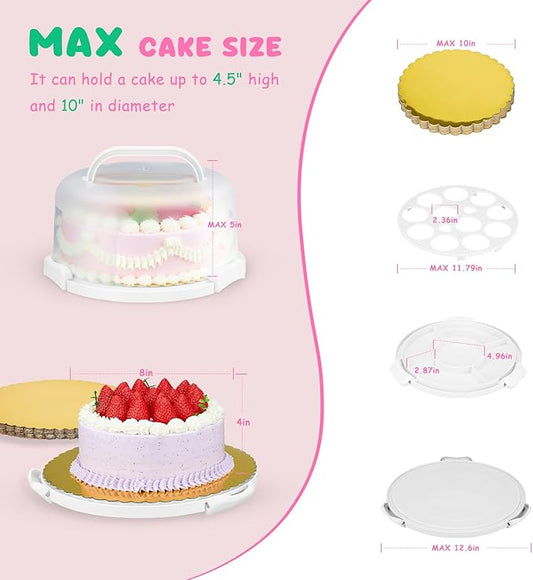 Cake Carrier With Lid And Handle, Bpa-Free Cake Holder With Lid For 10 Inch Round Cake Carrier With 10 pcs Round Golden Cake Boards And Portable Insulated Bag(White)