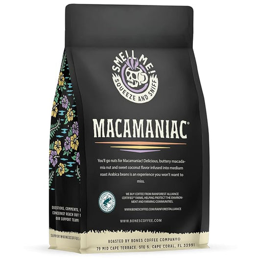 Bones Coffee Company Macamaniac, Macadamia and Coconut Flavored Coffee, Medium Roast Low Acid Arabica Beans Compatible with Auto drip and French Press Coffee Maker, 12 Oz Ground