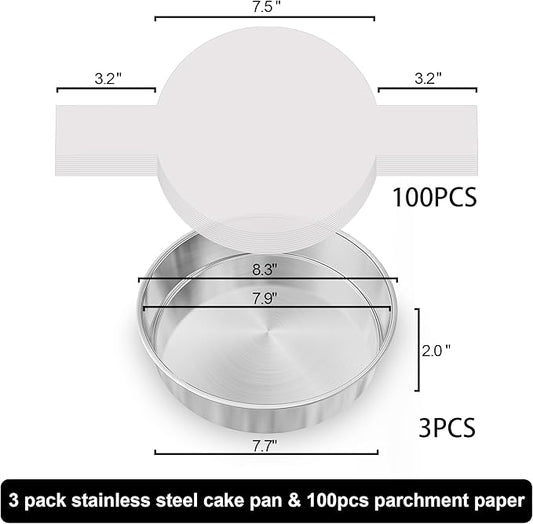 8 Inch Round Cake Pans Set of 3, Nonstick Stainless Steel Baking Pans Set with 100PCS Parchment Papers, Durable Birthday Christmas Circle Layer Cake Pans, Cake Pans Sets for Baking, Dishwasher Safe