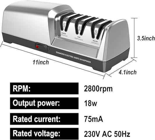 Electric Knife Sharpener 3 Stage, With 100% Diamond Abrasives and 15° Precision Angle Guides, Knife Sharpener Electric for all Kitchen Knives, Super Quiet Sharpenning and Polishing, Silver