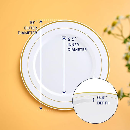 JOLLY CHEF 100 Pieces Gold Plastic Plates, 10 Inch Elegant Disposable Dinner White with Gold Rim, Disposable Plastic Plates for Dinner, Birthdays and Weddings