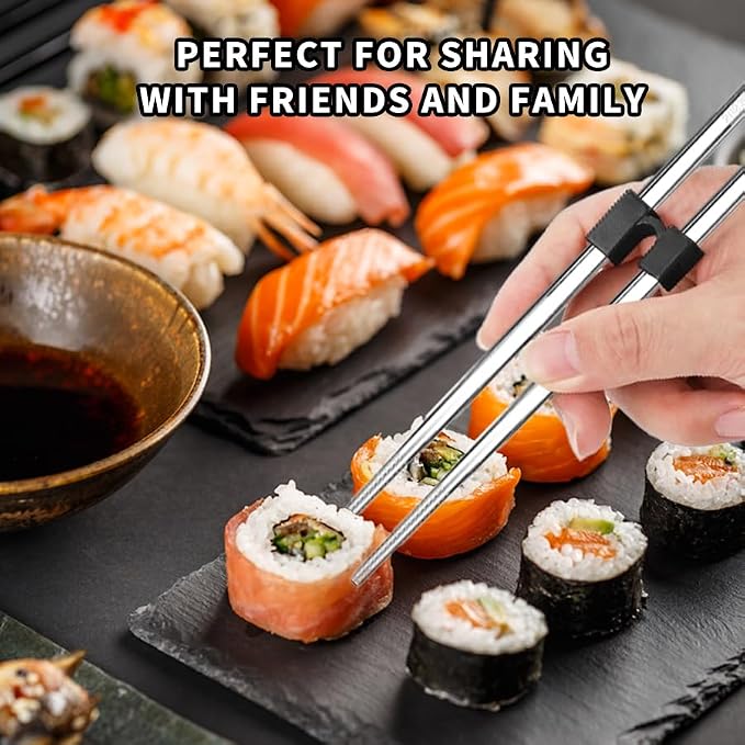 5 Pairs Training Chopstick Helpers,Reusable Stainless Steel Metal Chop Sticks,Adult Chopstick Training, Children, Beginners,Practice Chinese Japanese Korean Food