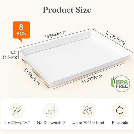 Lifewit Plastic Serving Tray for Party Supplies, 16" x 12" White Trays for Serving Food, Reusable Large Platter for Buffet, Fruit, Dessert, Snack, Veggie, Kitchen and Outdoor Use, Rectangle, 8 Pcs
