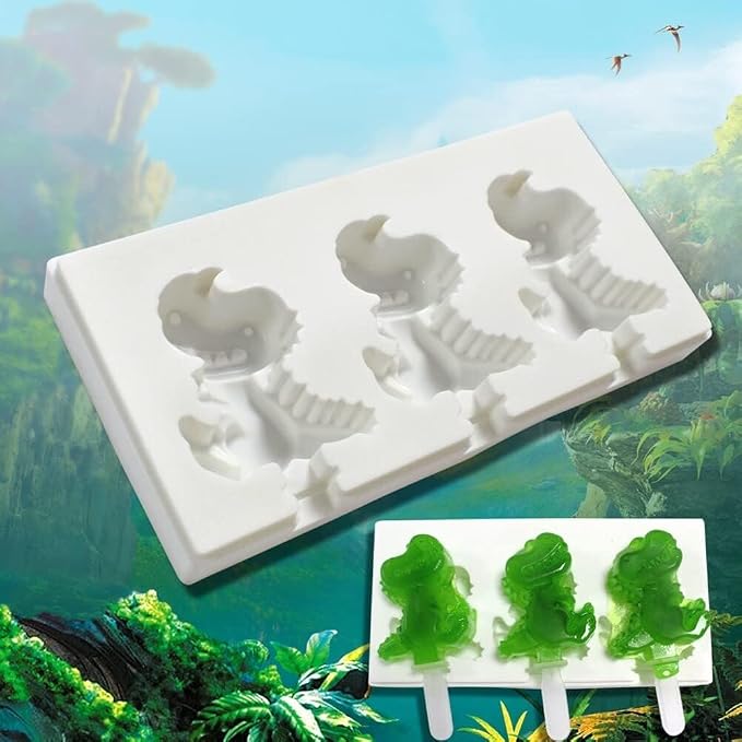 1 Pack Cute Dinosaur Shape Popsicle Molds Silicone Ice Pop Molds 3 Cavities Popsicle Molds for Kids Adults Ice Cream Mold Cakesicles Mould DIY Popsicle Maker Homemade Popsicle Silicone Molds I