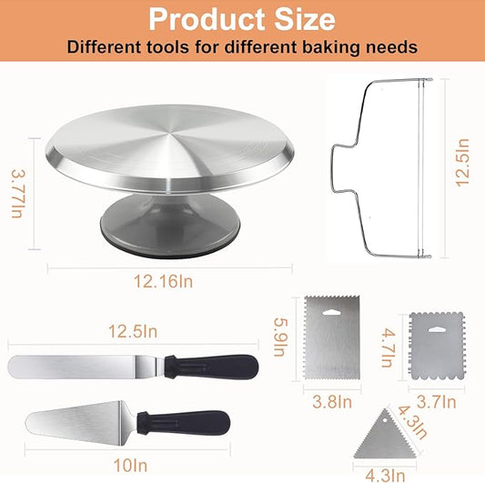 Cake Decorating Supplies Kit with 12 Inch Aluminum Rotating Cake Turntable, Offset Spatula, Cake Server, Stainless Steel Frosting Icing Smoother, Pastry Bags and Other Baking Tools(16Pcs)