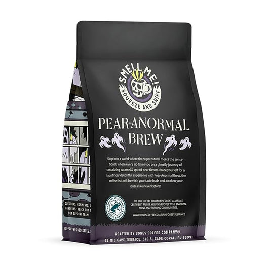 Bones Coffee Company Pear-Anormal, Caramel and Spiced Pear Flavored Coffee, Medium Roast Low Acid Arabica Beans Compatible with Auto drip and French Press Coffee Maker, 12 Oz Whole Bean