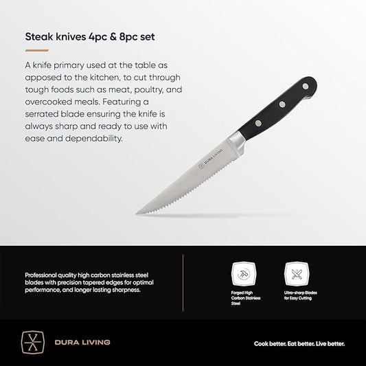 DURA LIVING Premium 8-Piece Steak Knife Set – Sharp Serrated Blades, Forged High Carbon Stainless Steel, Full Tang, Ergonomic Handle, Elegant Black Finish – Ideal for Dining & Entertaining