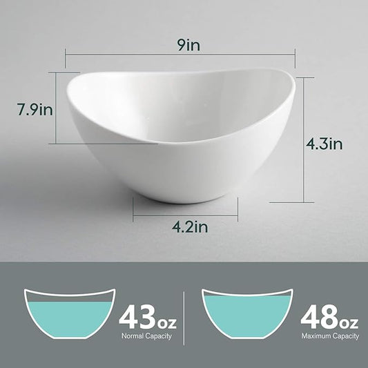 Porcelain Large Serving Bowl Set (9 inch),48 Oz Big Salad bowls, Large Serving Dishes for Entertaining, Party Dinner,Side Dishes, Oval Shape, Microwave & Dishwasher Safe,Set of 2, White