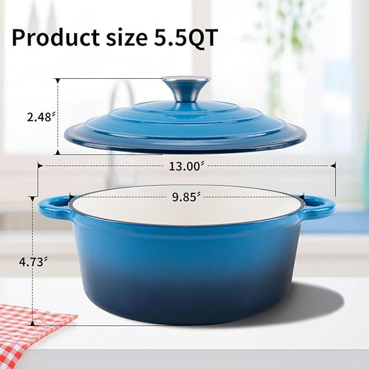 Enameled Cast Iron Dutch Oven Pot with Lid Heavy-Duty Cookware for Bread Baking, Braising, Stews, Roasting,5.5QT,blue