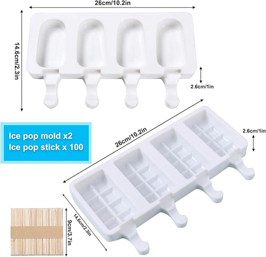 2 pcs Popsicle Molds, Large 4 Cavities Cake Pop Silicone Molds Ice Cream Cakesicle Molds for DIY Popsicle with 100 Wooden Sticks