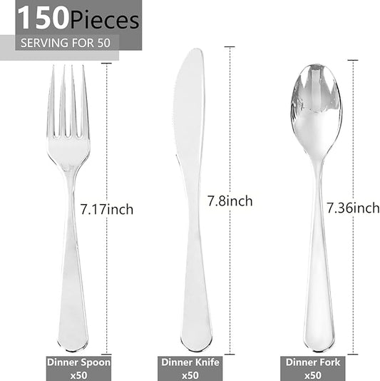 150 PCS Silver Plastic Silverware - Silver Plastic Flatware Disposable - Heavy Duty Disposable Utensils Sets Includes 50 Forks, 50 Spoons, 50 Knives for Party & Wedding
