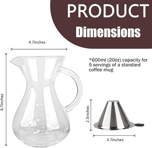 T-mark Pour Over Coffee Maker with Reusable Double-layer Stainless Steel Filter, 600ml/20oz BPA-Free Glass Coffee Carafe, Glass Coffee Maker, Coffee Dripper Brewer