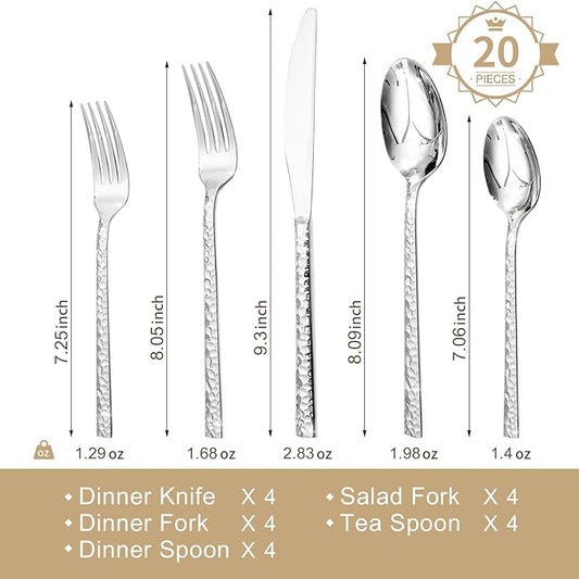 KINGSTONE 20 Piece Hammered Silverware Set, 18/10 Stainless Steel Flatware Set for 4, Cutlery Set for Home, Party, Wedding, Mirror Polished Dishwasher Safe