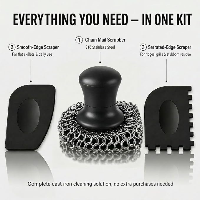 Cast Iron Scrubber and Scraper | 316 Chainmail Scrubber for Cast Iron Pan | Chain Mail Scrubber for Cast Iron Skillet Cleaner | Dishes Pots Wok Griddle Grill | Dish Scouring Pad Dishwasher Safe, Black1