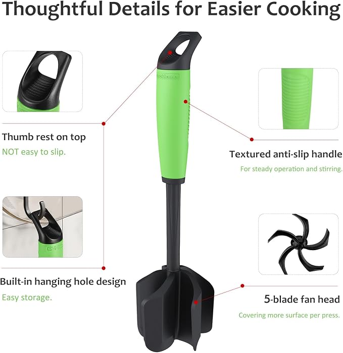 Ourokhome Meat Chopper and Potato Masher, Heat Resistant Nylon Ground Beef Smasher for Hamburger, 5 Curved Blades Nonstick Safe Mixer & Stirrer, Practical Kitchen Gadgets, Green