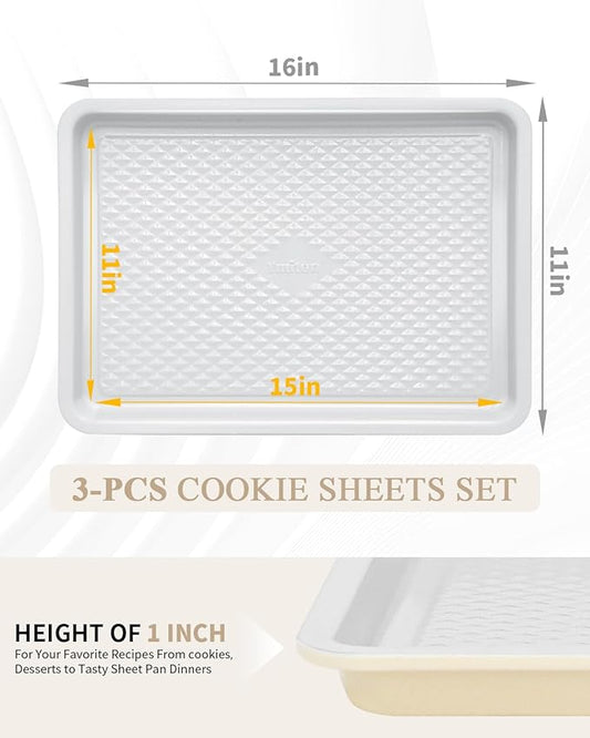 Nonstick Ceramic Baking Sheet With Rack, 2-Pack 15x10 Jelly Roll Sheet Pan, Non-Toxic, PTFE & PFOA Free, Warp-Free, Oven Safe 550°F, Dishwasher Safe, Aluminized Steel, Gray Yellow
