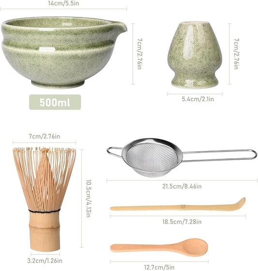7 Pcs Matcha Whisk Set,Chasen Whisk,Matcha Bowl with Spout,Whisk Holder,Stainless Steel Sifter,Spoon,Scoop,Gift for Matcha Lovers