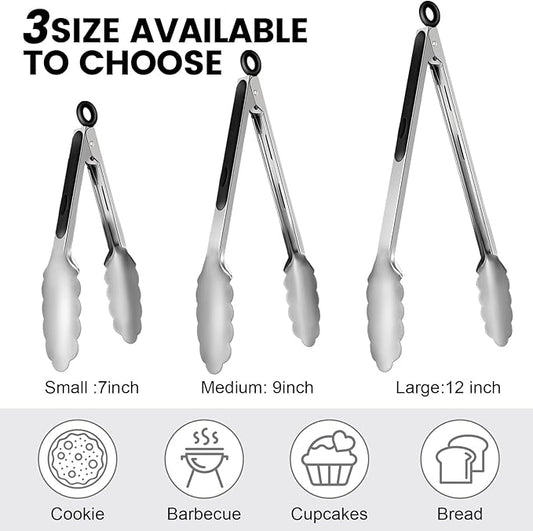 Chengu 12 Pack Stainless Steel Kitchen Tongs 7/9/12 Inches Food Serving Clip Kitchen Cooking Tongs High Heat Resistant Clips for Cooking Non Stick Locking Grill Salad (Black)