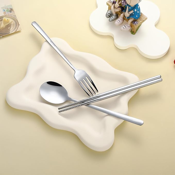DEVICO Travel Utensils with Case Cute, Reusable Silverware for Lunch, 4Pcs Portable Cutlery Set, 18/8 Stainless Steel Fork Spoon Chopsticks in Cartoon Case, Dishwasher Safe (White)
