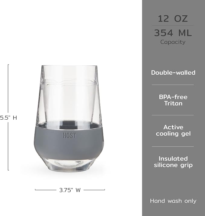 Host Freeze XL Double Wall Insulated Stemless Wine Glasses with Lids for Red and White Wines, On the Go Drink Chiller Tumblers for Beverages, Travel Gifts for Women and Moms, 12 oz, Set of 2, Gray