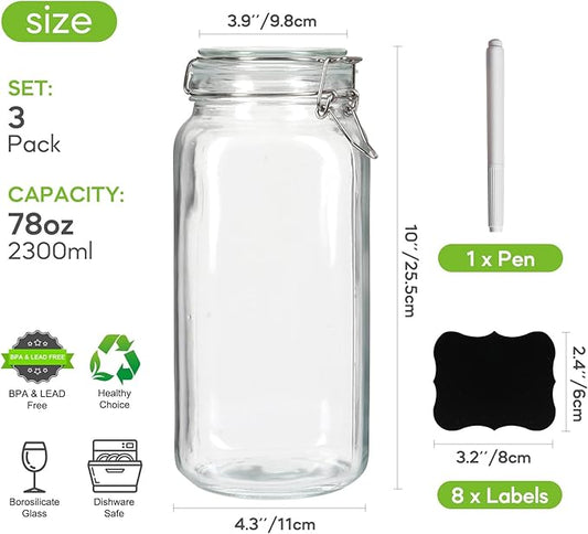 EkkoVla 78 oz Glass Food Storage Jars with Airtight Clamp Lids, Set of 3 Kitchen Canisters, Square Mason Jars Containers for Pasta, Coffee, Candy, Flour, Cereal, Dog Treats, Snacks and Canning