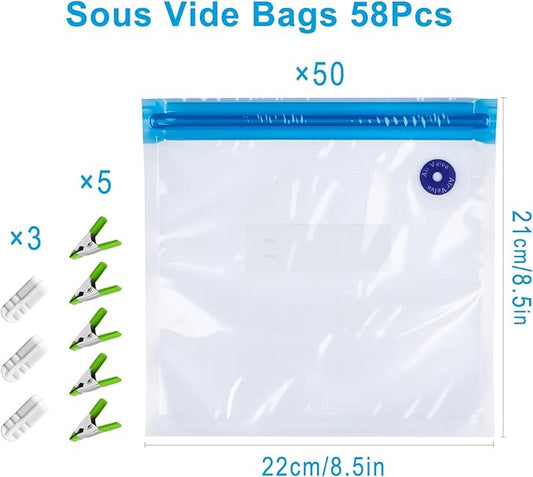 Reusable Sous Vide Bags 58Pcs BPA-Free, 1.4L Vacuum Sealer Bags for Cooking & Microwave, 50 Zipper Bags, 3 Seal Clips & 5 Cooking Clips, Heat-Resistant & Leakproof (8.5x8.5in)
