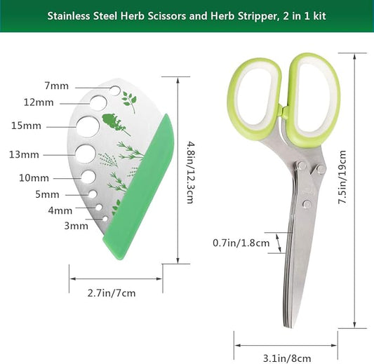 Herb Scissors Herb Stripper Set, Luxiv Stainless Steel Herb Cutter Tools 5-Blades Scissors with Herb Stripping Tool, Safe Cover, Cleaning Comb Multi-blade Herb Shears 2 IN 1 Herb Tools Kits (Green)