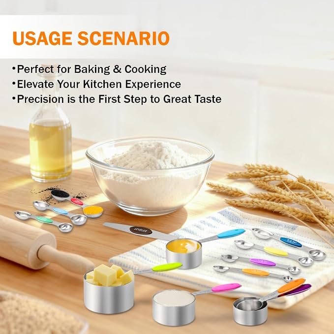 XSNBRD 13-Piece Magnetic Measuring Cups & Spoons Set | Stainless steel with silicone handles. Magnetic nesting for compact storage. Ideal for baking and cooking. Multicolor set.