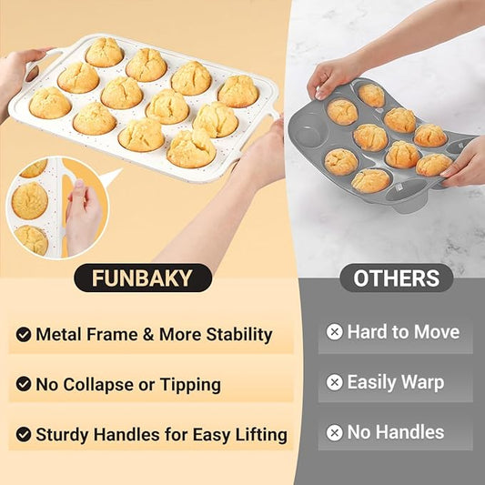 Silicone Muffin Pans for Baking, Metal Reinforced Frame 12 Cups Regular Size Silicone Cupcake Pan Nonstick Muffin Tin for Baking Muffin, Cupcake, Frittatas,BPA Free, Dishwasher Safe