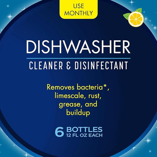 Dishwasher Cleaner, Removes Limescale, Rust, Buildup, and Grease, Lemon Scent, 12 Ounce Bottle, 6-Pack